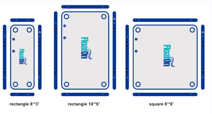 The measurements of the different inflatable docks Float On Boat Gear offers.